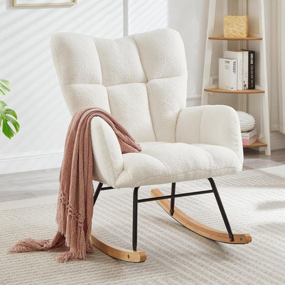 Glider Chair for Living Room Tufted Upholstered Teddy Fabric Rocking Chair with Metal Frame Accent Chair (Ivory)