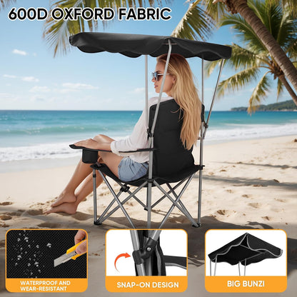 Northroad Folding Camping Chairs with Canopy Shade, Beach Chair w/Cup Holders, Armrests & Carry Bag for Outdoors Travel Sports Fishing, Black