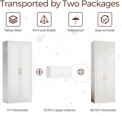 86" Tall Wardrobe Closet with Doors and Adjustable Shelves, White | Metal Armoire Wardrobe Closet, Wardrobe Cabinet with Hanging Rod, White Clothing Storage Cabinets for Bedroom, Home Office