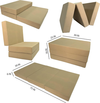 D&D Futon Furniture Tan Trifold Foam Beds, Shikibuton, Tatami Cushion Topper, Foldable Futon Pad, Twin 6x39x75