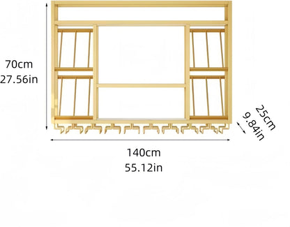 55 Inch Wine Rack Wall Mounted, 3-Tier Wall Bar Shelf with Glass Holder, Industrial Metal Wine Storage Display Rack for Home Bars or Kitchen Display, Gold