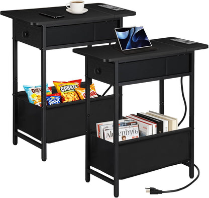 Long Narrow Side Tables Set of 2 with Charging Station, Slim Nightstand with Drawer and Fabric Basket, Skinny End Table for Living Room, Bedroom, Small Spaces, Black