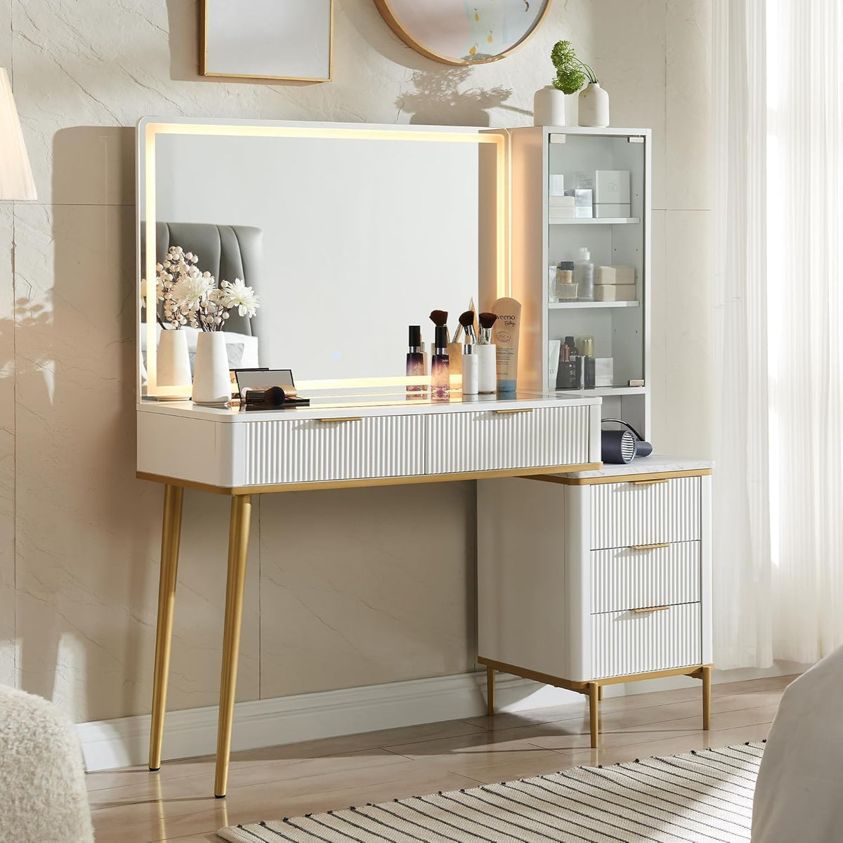 T4TREAM Fluted Makeup Vanity Desk with 36" HD Lighted Mirror, 48" Big Modern Vanity Desk with Mirror and Lights, Dressing Table with 5 Drawers & Shelves, Glass Top for Bedroom (Off White)