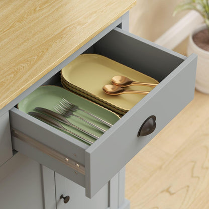 Pantry Cabinet 71-inch freestanding, Four Adjustable Shelves at Three Positions, Wide countertop Cable Hole, Gray and Yellow Oak Design