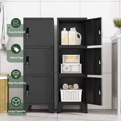 Metal Lockers for Employees-3 Doors Storage Locker with Shelves and Lockable Steel Cabinet for School,Gym,Office,Staff,Assembly Required,Black