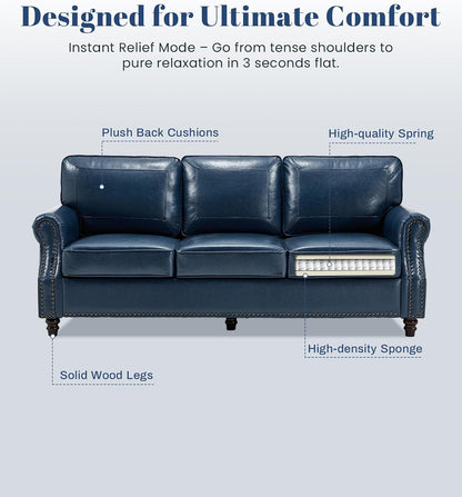 Kingfun Mid-Century Modern Couch, Faux Leather Sofa, 3 Seater Couch for Living Room with Rolled arms & Nailhead Trim, Blue