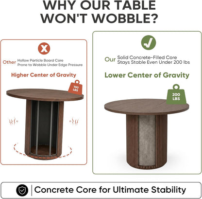 Comfy to go 40 inch Round Dining Table, Pedestal Dining Table with Concrete Core, Thick & Reinforced, Supports up to 300 lbs, Solid Wood Strips, Seats 4 People – Walnut