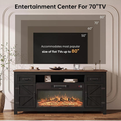 Farmhouse Living Room Table Sets of 2, 70 inch, Black | Includes 70 inch TV Stand, Lift Top Coffee Table with Charging Station, Modern Living Room Table Set