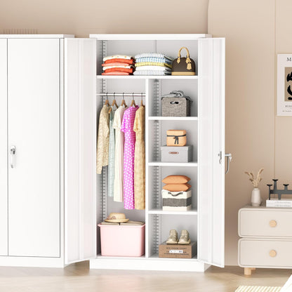 Greenvelly Metal Wardrobe Cabinet with Locking Doors, 72"H White Metal Wardrobe Closet with Hanging Rods and Adjustable Shelves, Clothing Storage Closet for Home, Office, Employee, Gym (16" D x 32" W)