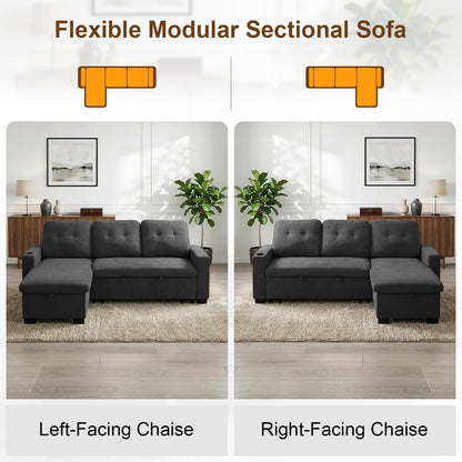 KCGKCG 82" L Shaped Sleeper Sofa Bed, Pull Out Couch Bed with Storage Chaise/Reclining Backrest, Sectional Couches for Living Room with USB Port, Foldable Table, Cup Holder, Side Pocket, Deep Grey