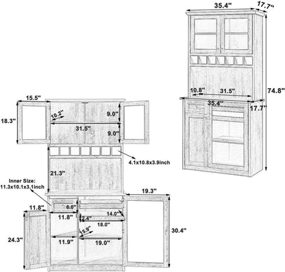 35” Wide Kitchen Hutch with Countertop, Farmhouse Pantry Cabinet with Microwave Shelf | Glass Doors | Wine Rack | Bottle Trays | Drawer, Wooden Structure (White)