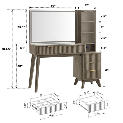 T4TREAM 48" Fluted Makeup Vanity Desk with 36" Lighted Mirror, Brown Alder | Smart LED Mirror, Visible Glass Top, 5 Drawers & Adjustable Storage Shelves, Charging Station, Bedroom Makeup Storage