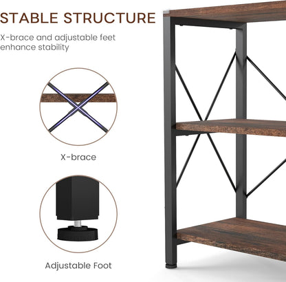47" 3 Tier Industrial Book Shelf, Free Standing Horizontal Low Metal Rustic Farmhouse Book Case with Wood Shelves for Home Office, Den, or Living Room Rustic Brown and Black