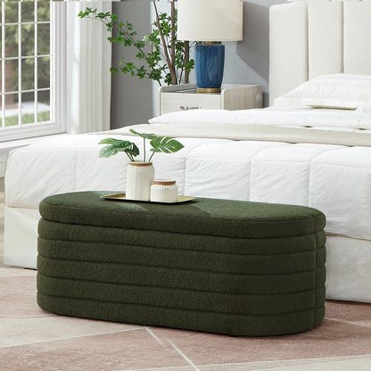 Modern Oval Storage Ottoman Bench, Upholstered Boucle Teddy Fabric End of Bed Bench with Storage, End of Bed Stool with Safety Hinge for Bedroom, Living Room, Entryway, Dark Green