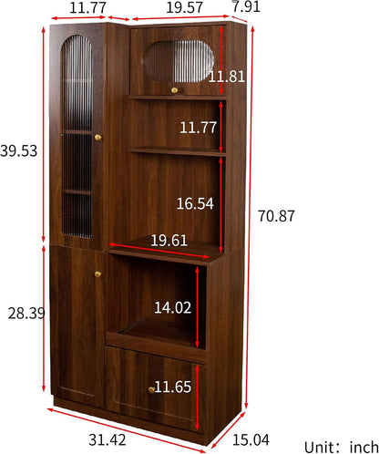 Pantry Cabinet, 71" Kitchen Buffet Hutch with Fluted Glass & Pull-Out | Fluted glass doors, pull-out shelf & deep drawer make this hutch perfect for kitchen, dining room & coffee bar organizing