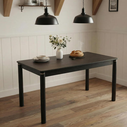 Hyfirm 63 Inch Black Solid Wood Dining Table for 4-6, Mid Century Modern Rectangular Dining Table with Gold Ring Decoration, Farmhouse Dinner Table for Dining Room Restaurant
