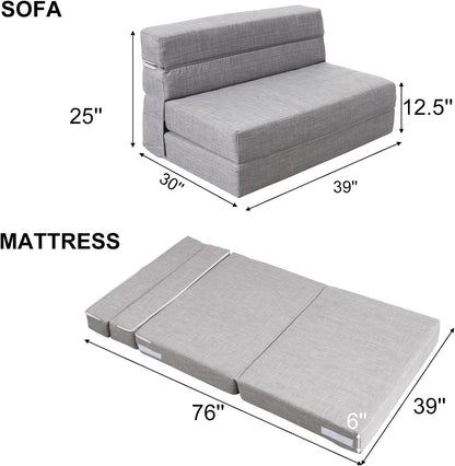 Folding Sleeper Chair Sofa Bed Lazy Couch with Pillow, Fold Out Chair Bed | Foam Futon Floor Couch, Convertible Sofa for Small Space Apartment Guest Room, Twin Size, Light Gray