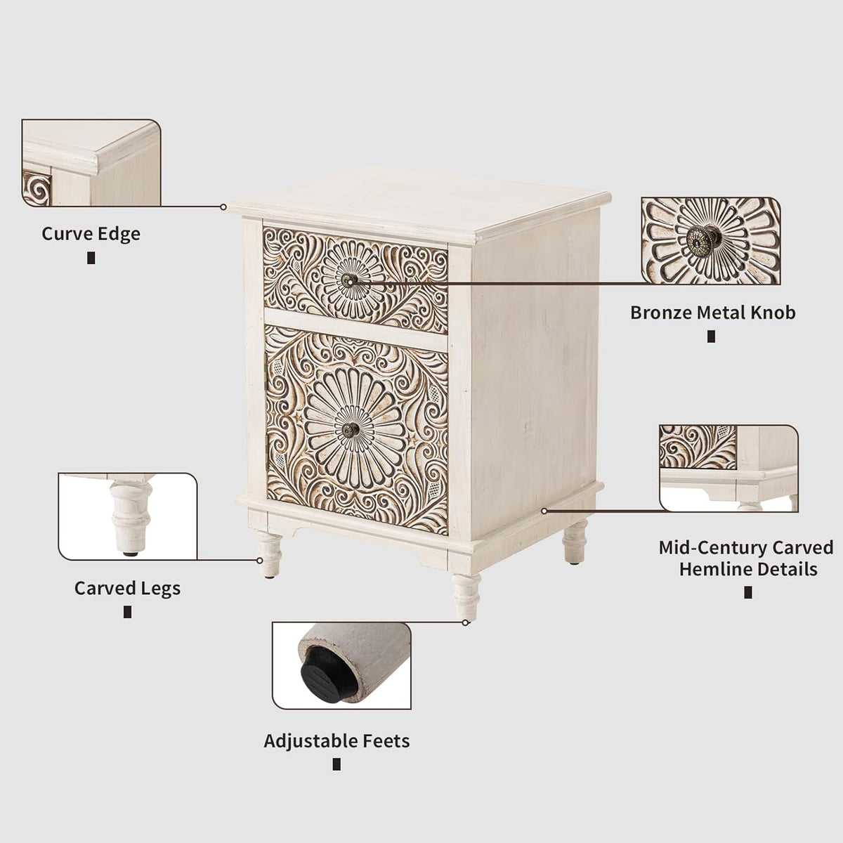 HOMPUS Night Stand Set 2, Vintage Nightstand with Storage, White Nightstand with Flower Pattern, Accent End Table, Bedside Table for Farmhouse, Bedroom, Light Grey Grain