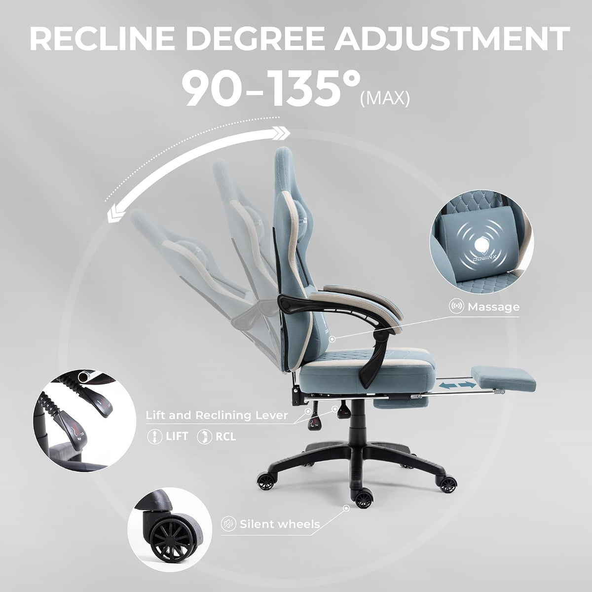 Dowinx Gaming Chair Breathable Fabric Game Chair with Gel Pad and Storage Bag, Comfortable Gamer Chair with Pocket Spring Cushion, Ergonomic Computer Chair with Footrest, Blue