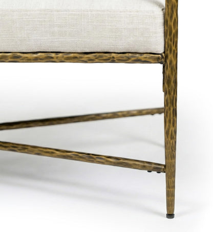 24/7 Shop at Home Lalia Upholstered 48-inch Metal Bench with Padded Roll Arms, Beige Fabric Seat, Hammered Forged Steel Frame, Modern Bedroom or Entryway, Matte Gold