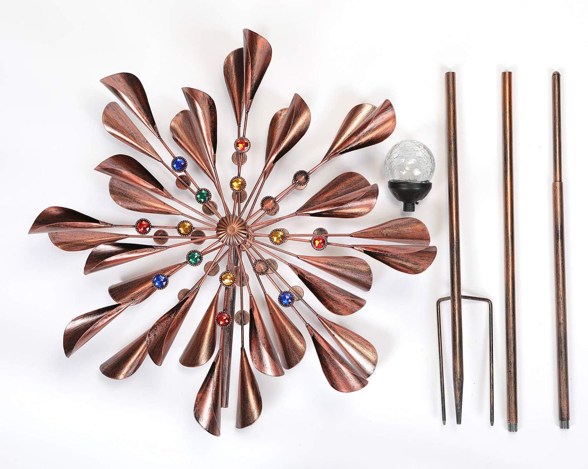 Large 79In Copper Kinetic Wind Spinner Multi-Color Seasonal LED Lighting Solar Powered Glass Ball Metal Wind Catchers Spinner for Patio Lawn & Garden Decorations
