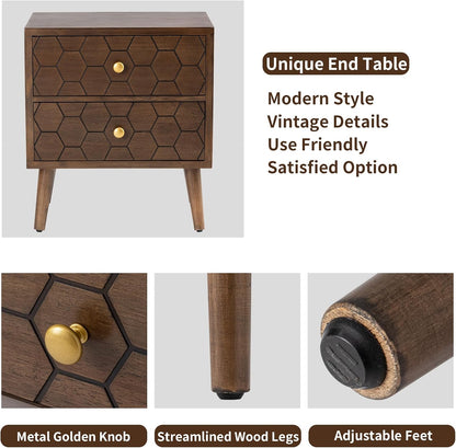 HOMPUS Wood Nightstand Set of 2, Modern Nightstand with Drawers Set 2 w Honeycomb Pattern, Small 2 Drawer Dresser, Bedside End Table with Solid Wood Legs for Bedroom, Dorm, Brown