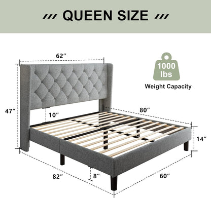 Feonase Queen Bed Frame with Upholstered Wingback Headboard, Platform Bed and Heavy Duty Wooden Slats Support, Easy Assembly, Noise-Free, No Box Spring Needed, Light Gray