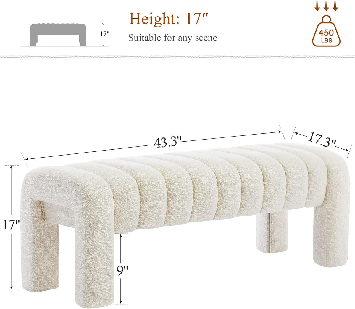 43’’ Bedroom Bench, Upholstered End of Bed Bench with Solid Wood Legs, Modern Small Dining Bench with Full Covered Fabrics for Entryway, Bedroom, Living Room (Beige, Linen)