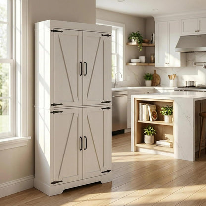 Homy Casa Farmhouse Kitchen Pantry Storage Cabinet, White Barn Door, 4-Door and 2 Shelves for Large Storage, 39 x 34 x 68.1 in，Standing Storage for Kitchen, Bathroom, Garage, Dinning Room Utility Room