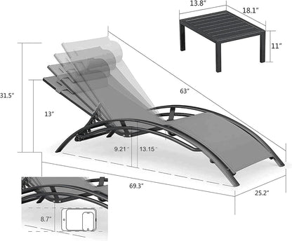 PURPLE LEAF Patio Pool Lounge Chaise Set of 3 Outdoor Lounger Chair, Grey | 2 Chaise + 1 Table, Aluminum Frame, Adjustable Headrest & 5 Recline Angles, Stackable, UV Textilene Fabric, S-Curve Backrest