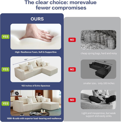 102" L Shaped Convertible Couch in a Box for Living Room Beige | Zero-assembly cloud couch with high-density memory foam for pressure-relieving, frame-free comfort.