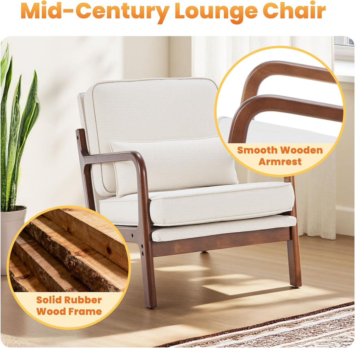 DUMOS Mid Century Modern Accent Chair, 16'' Seat Height Cozy Lounge Chair | Upholstered Armchair with Waist Cushion and Wood Frame for Living Room, Bedroom, Reading Nook, Home Corner, Balcony, Beige