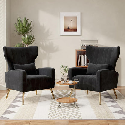 Nebuaegis Black Velvet Accent Chair Set of 2, Wingback Chair for Living Room, High Back Arm Chair with Golden Legs Lumbar Pillow, Upholstered Single Sofa Bedroom