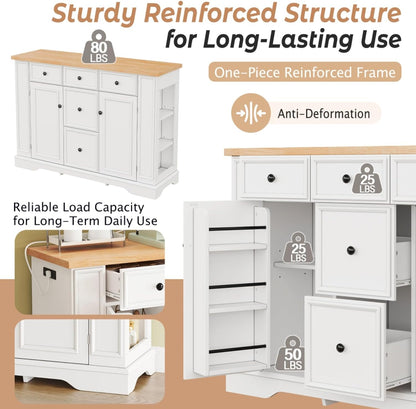 Hassyee Fixed Kitchen Island with Storage Space, Kitchen Console Table with 5 Drawers, 2 Cabinets, Adjustable Shelves, Buffet Server for Dining Room, Living Room, Entryway (White)