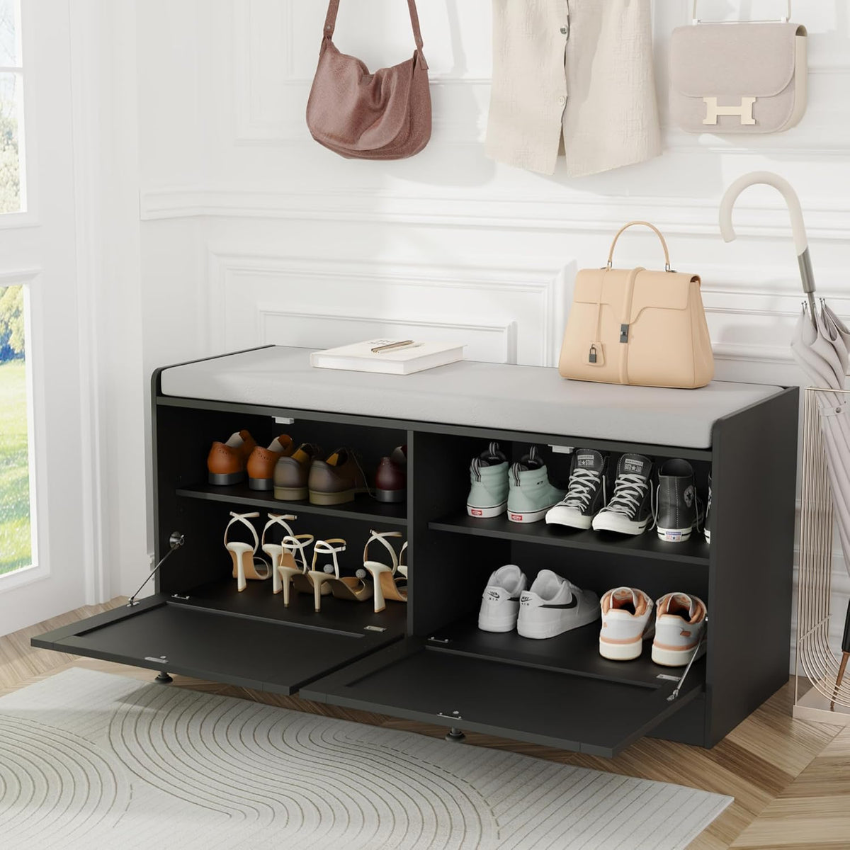 MHOM Rattan Shoe Bench for Entryway, Hallway and Bedroom - Boho Bench with Storage Cabinets and Seat Cushion - Wooden Storage Bench Fits up to Size 16, Black
