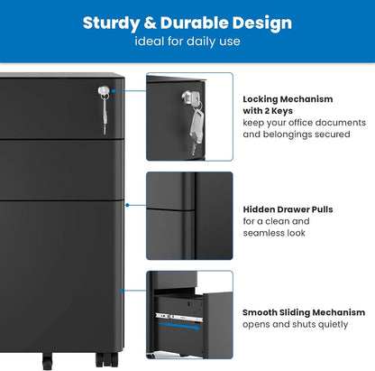 Mount-It! Slim 3 Drawer Rolling File Cabinet with Lock, Mobile Metal Filing Cabinet on Wheels for Under Desk Home & Office Storage, Letter Legal A4, Black