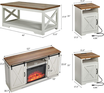 AMERLIFE 5-Piece Farmhouse Table Set Includes Fireplace TV Stand, Coffee Table& Two End Tables with Charging Station and USB Ports, for Living Room, Distressed White, 63"