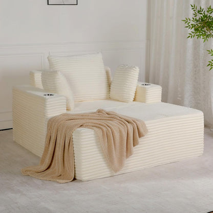 54"W Oversized Chaise Lounge Chair Indoor, Chaise Lounge Couch, Convertible Comfy Reading Chairs, Corduroy Sleeper Chair Couches for Living Room, Compression Sofa with Ottoman, Beige