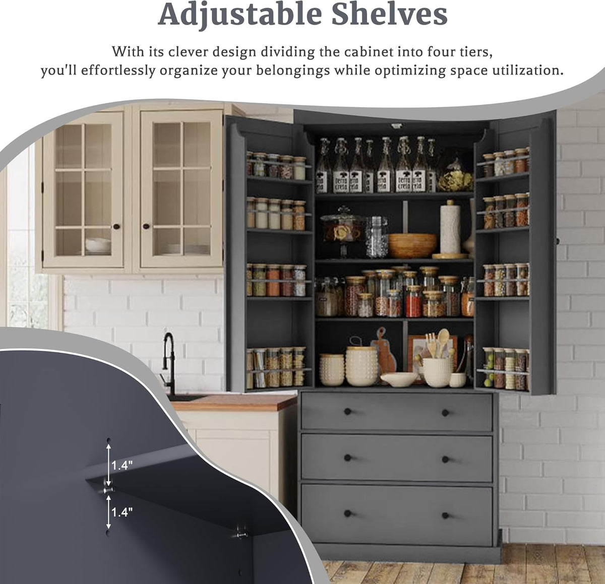 Farmhouse Tall Kitchen Pantry Cabinet with Adjustable Shelves, Freestanding Wood Cupboard with 8 Door Shelves and 3 Drawers for Kitchen, Dining Room (Gray)