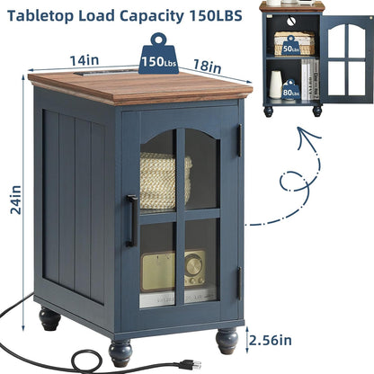 RWYHG Farmhouse End Table Set of 2 with Charging Station, 18'' Narrow Side Table and 24" Large Sofa Side Table with Glass Barn Door Storage, Wood Night Stand Bedside Table for Living Room,Bedroom