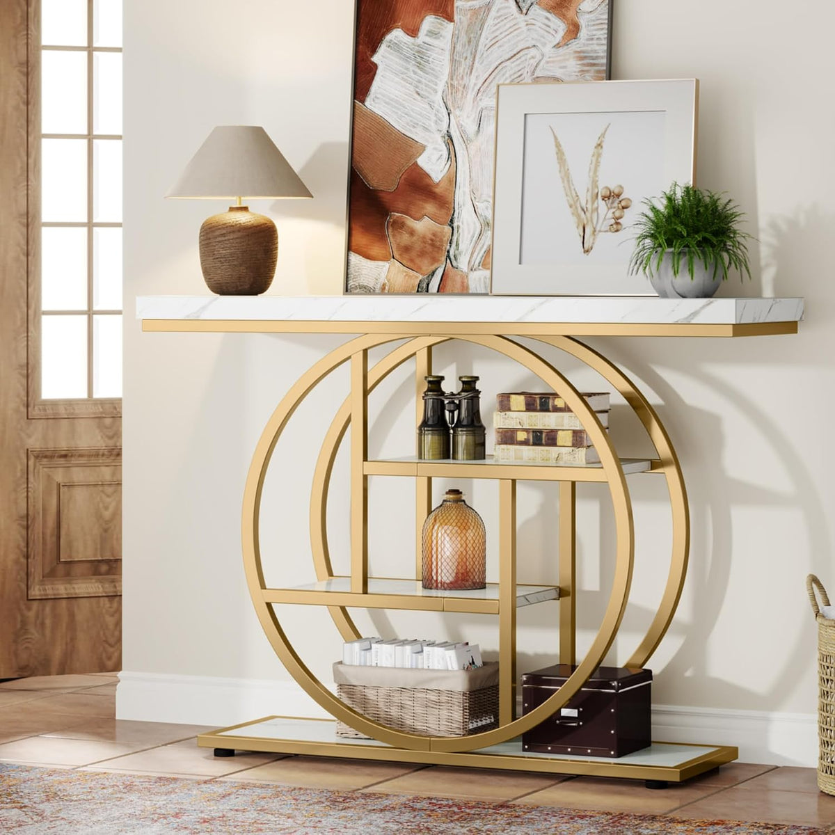 Tribesigns 41.3" Console Table, Industrial 4-Tier Sofa Entryway Table with Circle Base, Narrow Wood Accent Tables with Storage Shelves for Living Room, Hallway, Foyer, White Gold