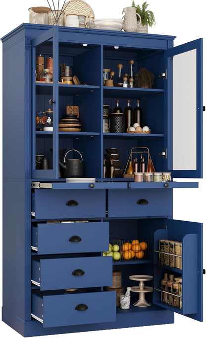 Tall Kitchen Pantry Cabinet with Glass Doors, Display Cabinet Coffee Bar Cabinet with Drawers, Serving Trays and Shelves for Dining Room, Living Room (Blue)