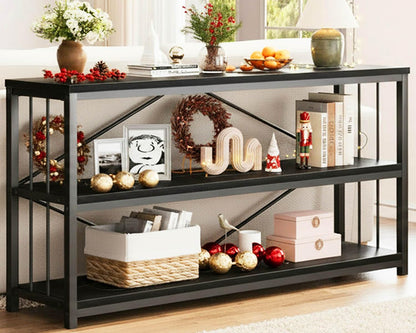 LVB Farmhouse Industrial Console Table for Home, Black Oak, 70 Inch | Wood Metal Foyer Entryway Sofa Tables with Storage, 3 Tier Long Rustic Entry Table TV Stand with Shelves for Home Living Room