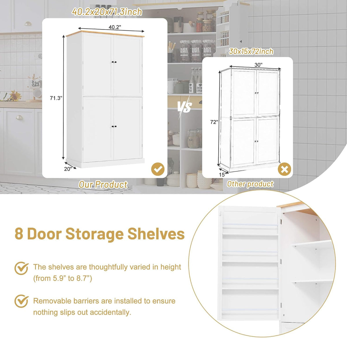 Litex 40.2" Wide Kitchen Pantry Cabinet, 71.3" Tall Freestanding Storage Cabinet with 2 Drawers, Adjustable Shelves & 8 Door Shelves, Large Farmhouse Kitchen Cupboard for Kitchen Dining Room (White)