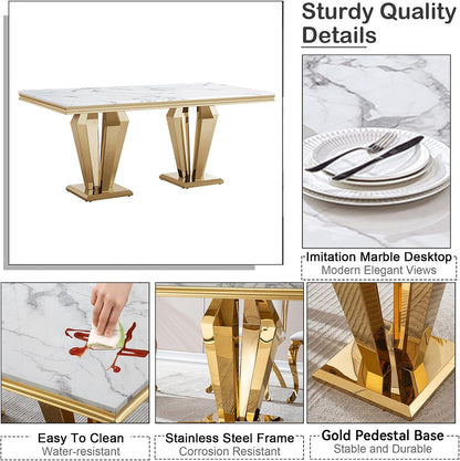 7 Piece Marble Dining Table Set for 6, Luxury Gold Kitchen Table and Chairs Set of 6, 68" White Marble Pedestal Dining Room Table with 6 PU Leather Chairs for Kitchen Dinette Furniture