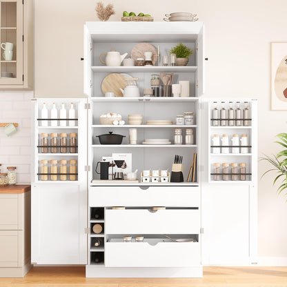77'' Tall Freestanding Kitchen Pantry Cabinet, 35"L x 17.7"W Modern Shaker Style Cupboard with Adjustable Shelves, Wine Racks, Power Outlet & USB Ports, Anti-Tip Design, Easy Assembly (White)