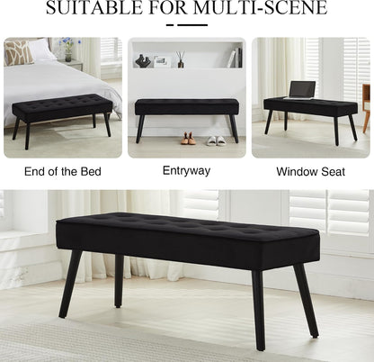 LOULENS 44'' Velvet Entryway Bench, Modern Upholstered Buttons Tufted End of Bed Bench with Solid Wood Legs, Comfortable Bed Ottoman for Bedroom, Living Room, Entryway, Hallway, Black