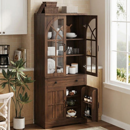 CABIHOME Farmhouse Pantry Cabinet,Freestanding Tall Wood Kitchen Storage with Tempered Glass Doors,Adjustable Shelves Multifunctional Organizer for Dining Room