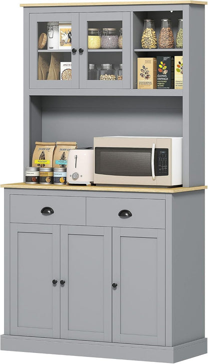 Kitchen Pantry Unit 71 inch, freestanding, Adjustable Shelves Three Heights, Wide countertop for Cable, Gray Oak Yellow Finish