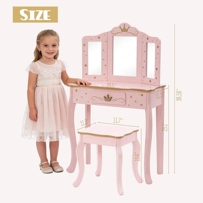 UTEX Pink Crown Princess Kids Vanity Set with Drawer for Little Girls | Wooden Toddler Vanity, Kids Vanity Table and Chair Set, Crown and Star Patterns, Gold Edge Trim, Princess Style